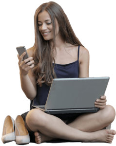 Patient on phone and laptop Woman on phone