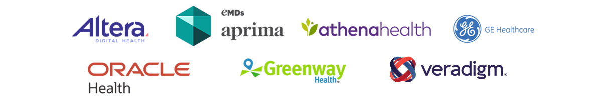 Integrated-Vendor-Logos Image showing Electronic Health Record vendors that are integrated with PatientLink: Altera, Aprima, Athena, GE Healthcare, Oracle Health, Greenway Health, and Veradigm