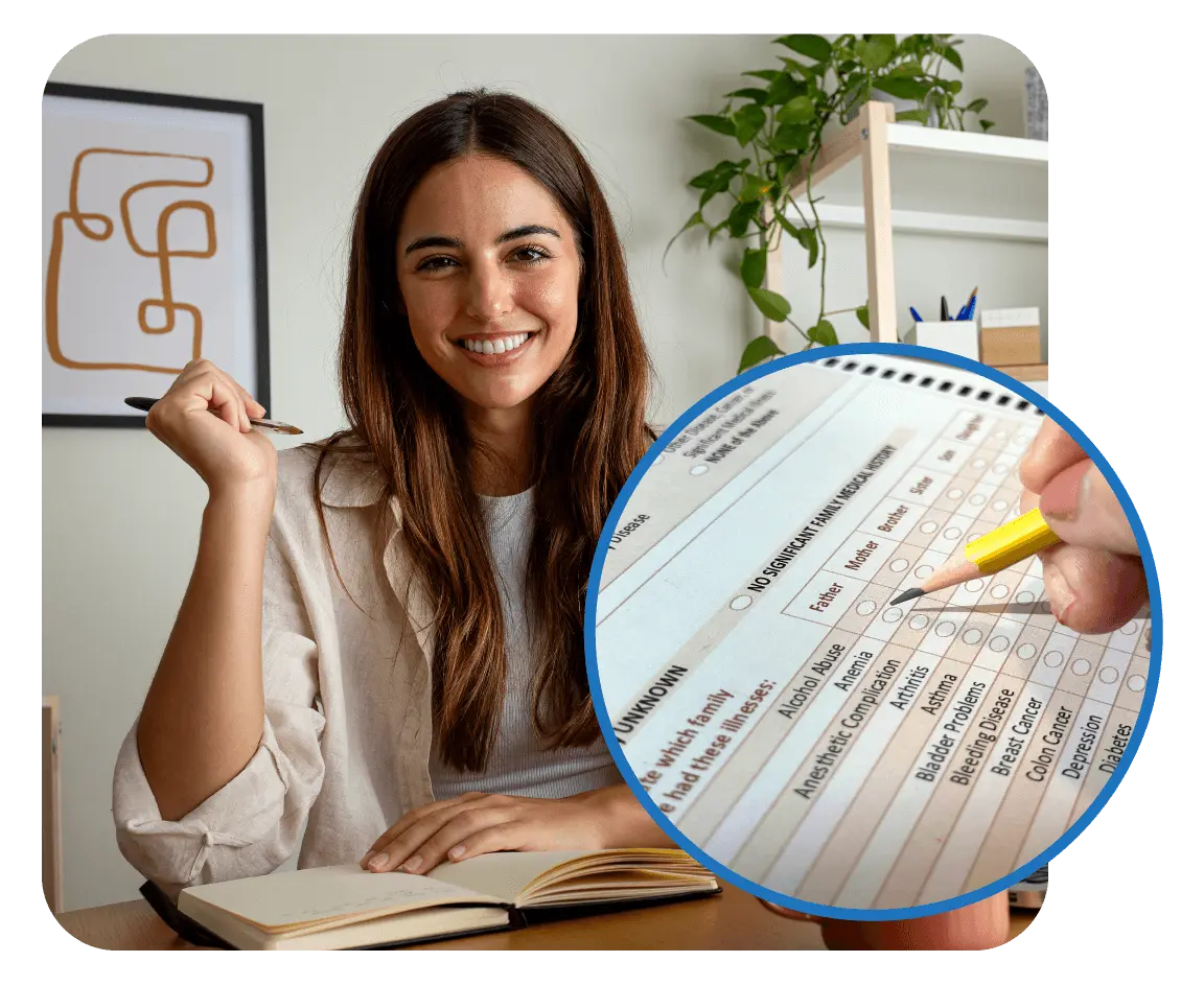 Patient smiling and completing a PatientLink Scan Form using a pencil.