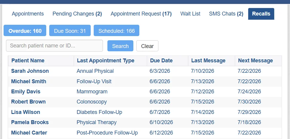 PatientLink patient recall reminder dashboard showing overdue, due soon, and scheduled patients
