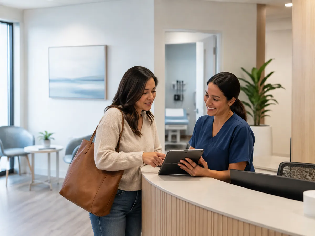 Medical assistant helping a patient complete digital check-in on a tablet.