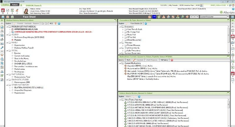 Example EHR showing structured patient information