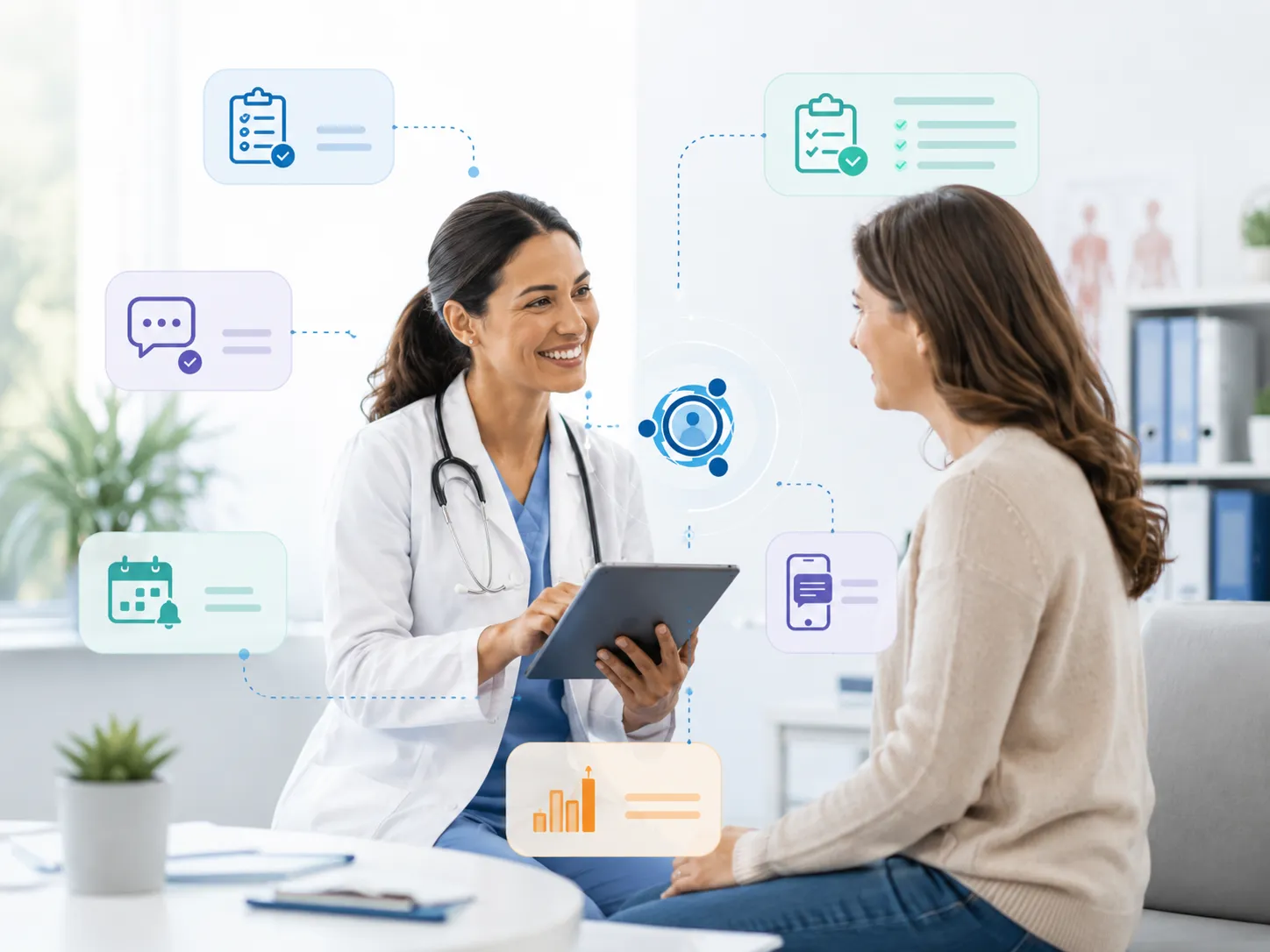 Primary care clinician speaking with a patient with digital patient engagement workflow graphics