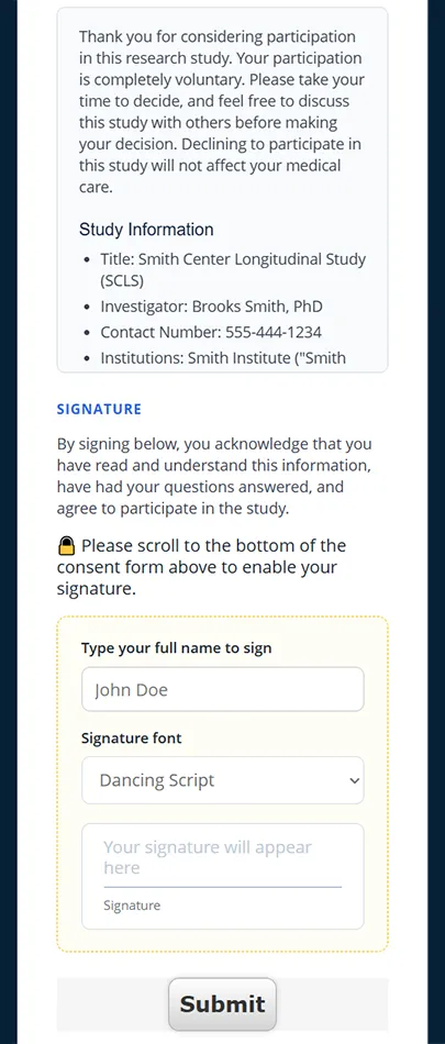 Example PatientLink Online research consent and electronic signature form
