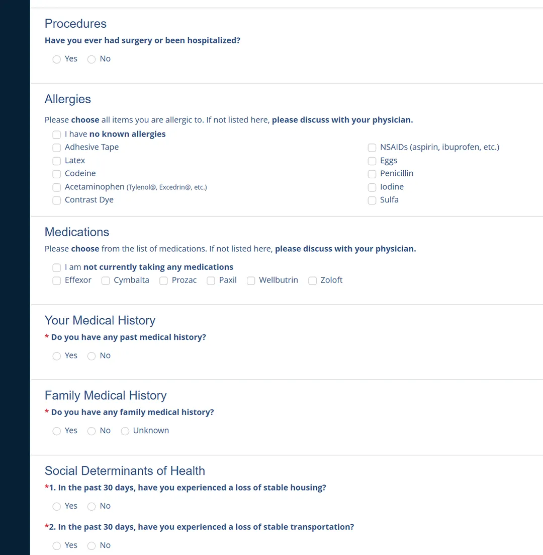 PatientLink Online patient history form showing procedures, allergies, medications, medical history and social determinants of health